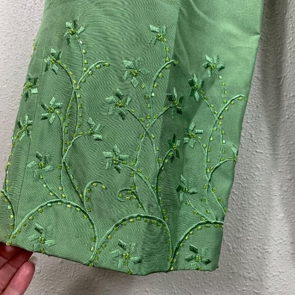 Vintage Adrianna Papéll 100% Silk Embroidered Beaded Trousers Green Size 8 - Picture 2 of 6
